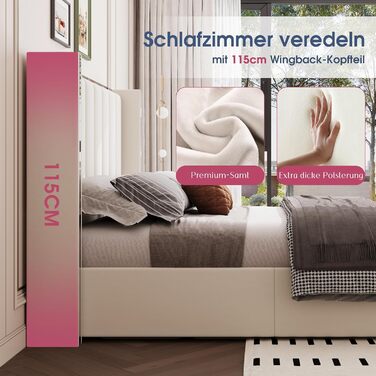 М&39яке ліжко з ящиком для зберігання речей, узголів&39ям заввишки 115 см, місцем для зберігання речей, функцією підйому та хромованим дизайном, каркас з масиву дерева оксамит (кремово-білий, 140 x 200 см) 140 x 200 см Бежевий