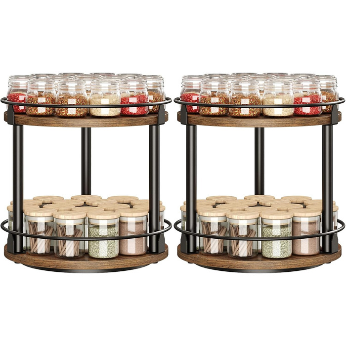 Підставка для спецій, 2-рівневий обертовий органайзер, комплект з 2 шт. , кругла обертова підставка для зберігання, компактний тримач для спецій з поворотним столом, для кухонної стільниці, обіднього столу, вінтажний коричневий та чорний XSR22L2BR 26 x 26