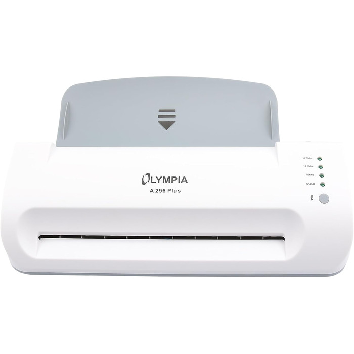 Ламінатор Olympia A 296 Plus із заднім завантаженням (80-175 мікрон, до DIN A4, візитні картки, ламінатор з плівками, комплект для ламінування для офісу, ламінатор для гарячого та холодного ламінування) одинарний