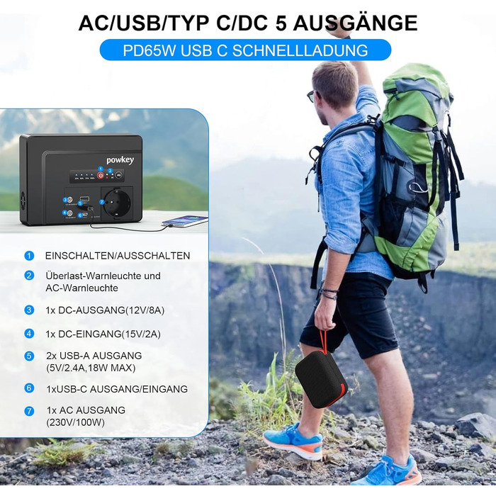 Портативний зовнішній акумулятор Powkey ємністю 26400 мАг/97,68 Втгод з виходом 100 Вт/230 В змінного струму, 12 В 8 А постійного струму, PD 65 Вт USB C, для кемпінгу, планшетів та мобільних телефонів G100