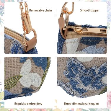 Сук'уту Сумка-клатч з вишивкою паєтками та квітковим мотивом, жіноча, блакитна вечірня сумка через плече