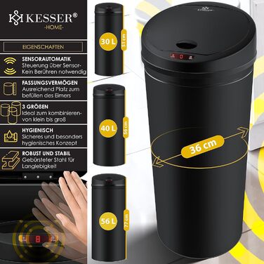 Відро для сміття KESSER Sensor Автоматичне Відро для сміття Відро для сміття Нержавіюча сталь 56 літрів ЧОРНИЙ