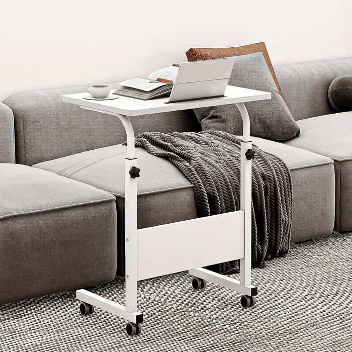 Регульований мобільний приліжковий столик SOGES Furniture 80 см, портативна підставка для ноутбука з тримачем для планшета, бічною полицею, стіл для ноутбука, регульована висота, компютерний стіл для роботи стоячи, білий