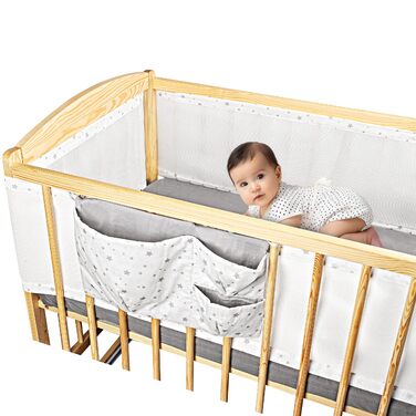 Бортик для дитячого ліжечка SweetComfort Дихаючий, з кишенею для зберігання - Підходить для ліжечок 60x120 та 70x140 см - Зоряно-білий - Регульовані застібки-липучки - Для 3- та 4-сторонніх ліжечок