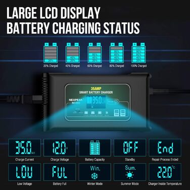 Зарядний пристрій, NEXPEAK Зарядний пристрій 35А 12В 24В Зарядні пристрої для автомобільних акумуляторів З РК-сенсорним екраном Ав