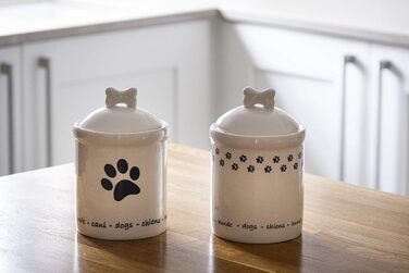 Керамічна банка для печива Spotted Dog Gift Company з герметичною кришкою - банка для ласощів для собак, універсальний контейнер для зберігання ласощів, печива, мотив відбитка лапи собаки, подарунок для власників собак, білий