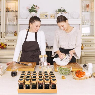 Натуральна бамбукова підставка для спецій з банками, набір шаф для спецій з 24 квадратними банками для спецій, бамбукова підставка для спецій, що підходить для охайної та організованої кухні, натуральний бамбук, 24 квадратні банки