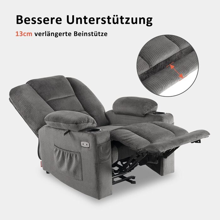 Електрично регульоване крісло для телевізора 7008, Крісло-реклайнер з функцією відкидання, Крісло для телевізора з функцією масажу та підігріву, USB та підсклянник, Вітальня (Тканина, сірий) Тканина сірого кольору
