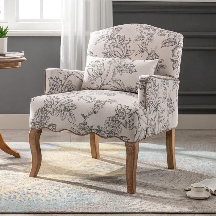 Вінтажне крісло з підлокітниками, м&39яке крісло з дерев&39яними ніжками та квітковим візерунком, одномісний диван, акцентне крісло з подушками для вітальні/спальні, бежевий