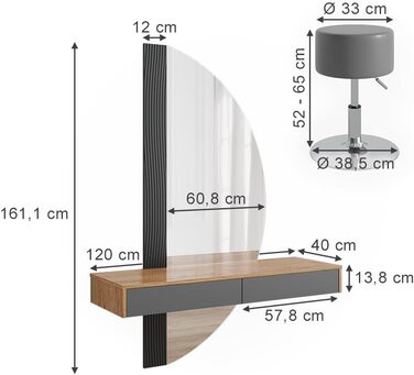 Туалетний столик Vicco Melisa, дуб/сірий, 120 см з підсвічуванням і табуретом Сірий зі світлодіодним дзеркалом і табуретом