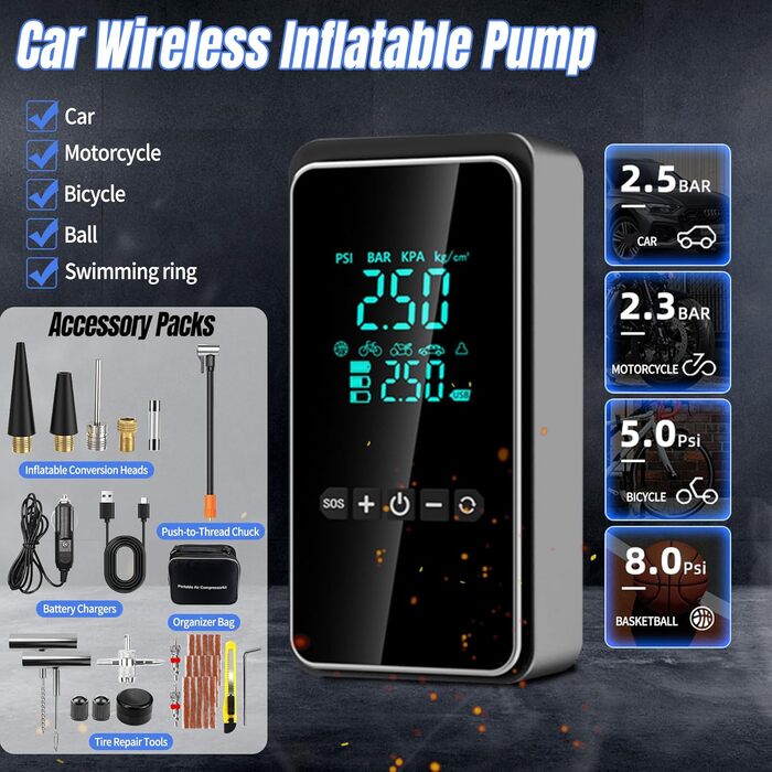 Електричний повітряний насос, портативний електронний повітряний насос з комплектом для ремонту шин, електричний компресорний вело