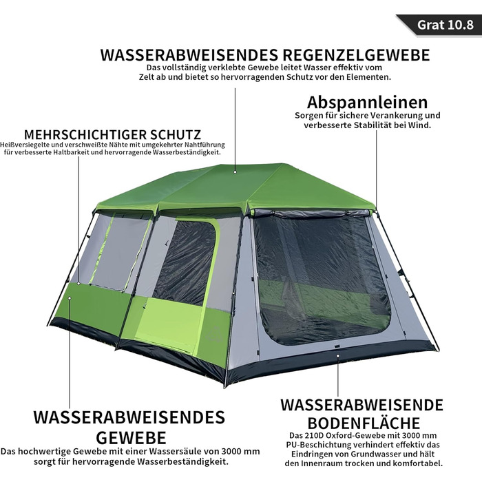 Намет TENPLAY Instant Pop-Up, великий сімейний намет, 2-8 осіб, легке встановлення, Rainfly, 2 кімнати, сумка для перенесення, водонепроникний PU 3000 мм, місткий та повітропроникний, для кемпінгу, пікніків, вечірок