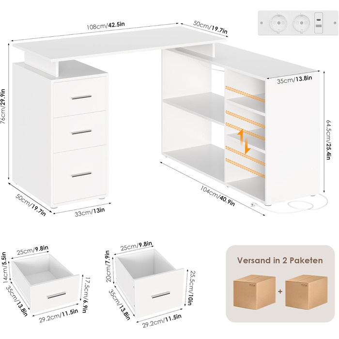 Кутовий письмовий стіл FirFurd з подовжувачем, L-подібний комп&39ютерний стіл з книжковою полицею та шухлядами, кутовий стіл з місцем для зберігання, ПК-стіл для навчання/домашнього офісу, 129 x 104 x 76 см, білий