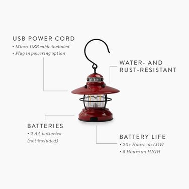 Міні-ліхтар Barebones Edison вінтажний регульований кемпінговий ліхтар із USB-світлодіодним підсвічуванням для використання на вулиці (червоний)