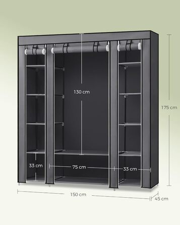 Шафа, Тканинна шафа, 12 з рейкою для одягу та полицями, Міцна шафа, для спальні, гардеробної, 150 x 45 x 175 см, Сірий LSF03G