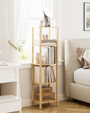 Книжкова полиця, вузька полиця з 5 полицями, кухонна полиця з відкритими полицями, 38 см x 27 см x 136 см, окремостояча полиця для вітальні, офісу, кабінету, дуб, 5 полиць