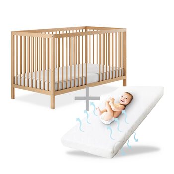 Дитяче ліжко Ehrenkind PUR з матрацом 120x60, бук Натуральний колір Дитяче ліжко з регульованою висотою в 9 напрямках зі знімними поручнями Дитяче ліжко 120x60 см Pur матрац, натуральний колір