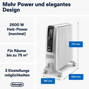 Радіатор De&39Longhi Dragon 4 Pro TRDX41025E, класичний масляний радіатор з 3 рівнями потужності, 24-годинним таймером, захистом від замерзання та еко-функцією, запобіжним термостатом, 2500 Вт, білий
