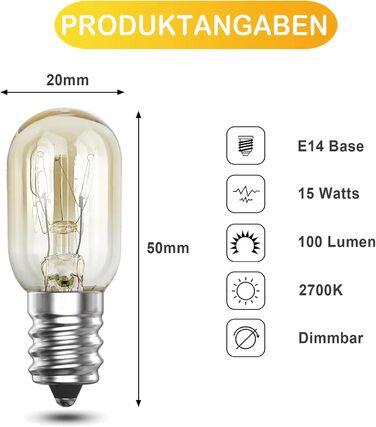 Лампа для духовки, соляна лампа Лампочки E14 з регулюванням температури до 300C, термостійкі, 2700K теплий білий Лампа для холодильника SES 230V для мікрохвильової печі, витяжки, швейної машини 5 шт., 14
