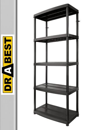 Пластиковий стелаж - з 5 полицями - висота 180 см, ширина 74 см - виготовлений з міцного пластику - для підвалу, гаража, комори, саду - до 50 кг/полиця - вставний стелаж - Чорний 180x74x40 см