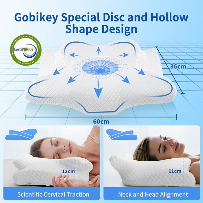 Подушка для шиї для сну, ортопедична подушка з піни з ефектом пам&39яті, ергономічна подушка для шиї 2-в-1 для сну на боці зі знімним чохлом, який можна прати, 62 x 39 x 11/13 см, біла