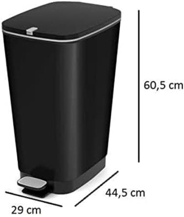 Педальний смітник 45 літрів з кришкою та педаллю, тримач для вкладишів, чорний металік, 29 x44,5 x 60,5 см 45 літрів, чорний метал