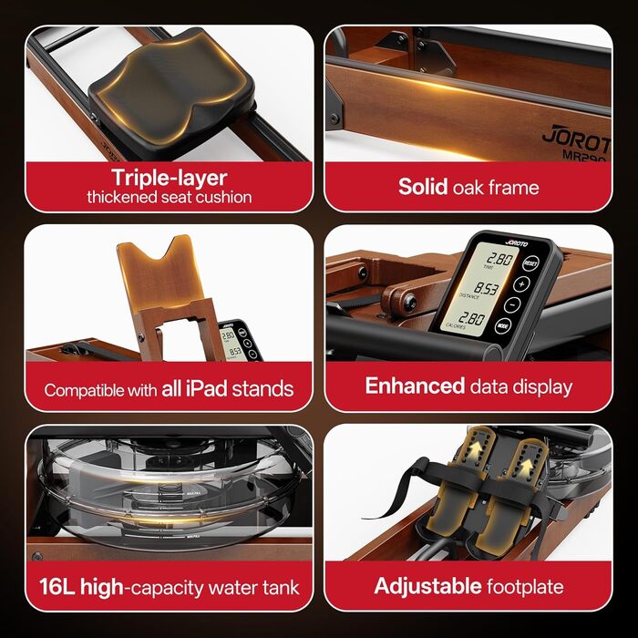 Домашній веслувальний тренажер JOROTO, дерев&39яний водний веслувальний тренажер, складний Підключення Bluetooth до застосунку Kinomap Максимальна вантажопідйомність 150 кг Резервуар для води 16 л Попередньо встановлено 98
