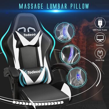 Ігрове крісло Todeco, масажне з підсвічуванням, світлодіодне гоночне крісло, ігрове крісло, ергономічне офісне крісло, регульована спинка, регульована висота, поворотне крісло з підголівником та поперековою подушкою, біле