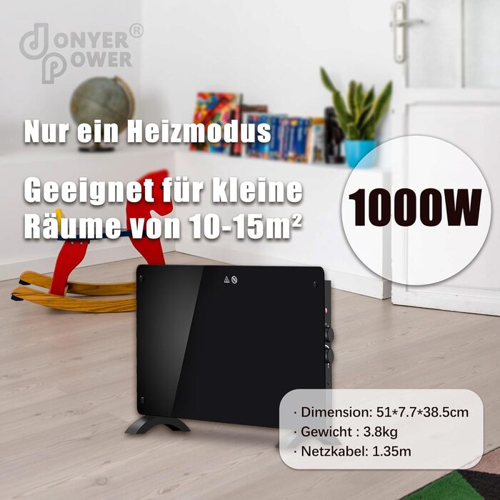 Конвекторний обігрівач DONYER POWER 1000 Вт, ультратонкий, настінний або окремостоячий, чорна скляна панель 1 кВт чорного кольору