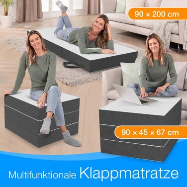 Розкладний матрац ELONEO Premium Visco 90x200 см, надвисокий 15 см, розкладний гостьовий матрац, розкладний матрац, розкладний матрац, матрац з підтримкою спини, дорожній матрац, розкладне гостьове ліжко, розкладне ліжко, яке можна прати, сірий/білий 90 x