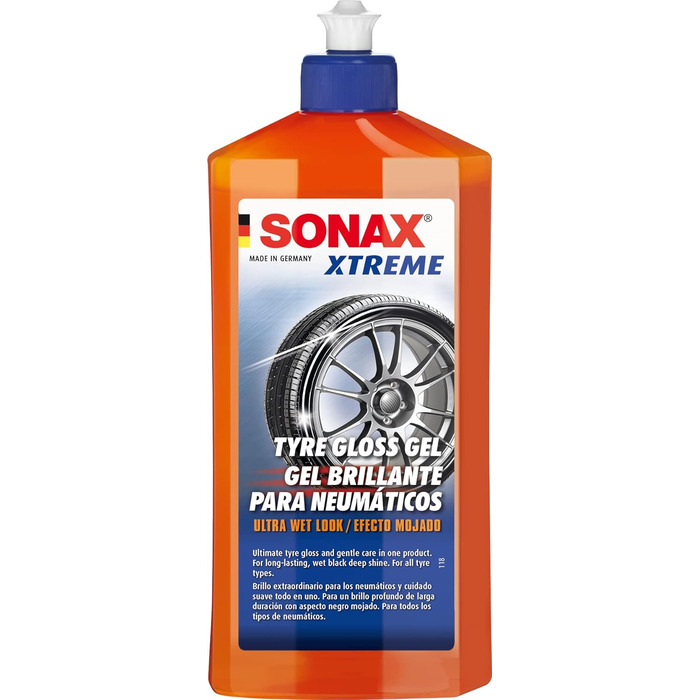 Гель для шин SONAX Xtreme Tire Gloss Gel (500 мл) надає всім типам шин неперевершений чорний глянцевий мокрий вигляд. Артикул 02352410-544 Одномісний