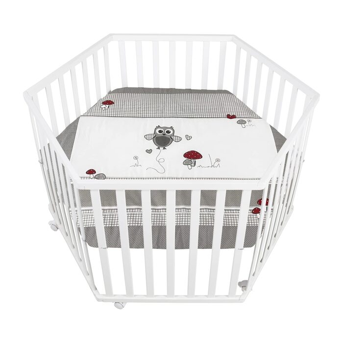 Сторонній манеж roba з вкладишем Adam & Owl - Ворота для повзання, регульована висота у 3 напрямках - Мобільний манеж на колесах - Дерево, білий / Adam & Owl, 6-