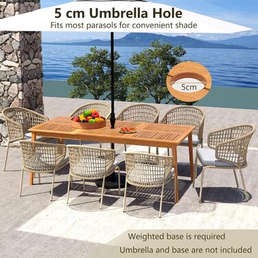 Обідній стіл GIANTEX на 8 осіб, садовий стіл з дерева акації з отвором для парасольки 5 см, садовий стіл для заднього двору, веранди та саду, всепогодний балконний стіл (200 x 90 см)