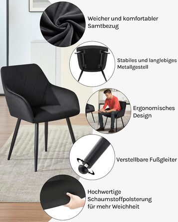 Комплект із 2 обідніх стільців з підлокітниками та спинками, для їдальні, вітальні, кухні, м&39які кухонні стільці з оксамитовим покриттям, металеві ніжки, чорний, комплект із 2 шт.