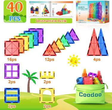 Магнітний конструктор Coodoo Magnetic Tiles 40 шт., STEM-набір