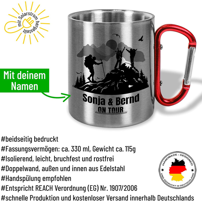 Персоналізована кружка з нержавіючої сталі з карабіном БАЖАНЕ ІМ&39Я В ПОДОРОЖІ приблизно 330 мл Металева кружка з іменем Подарунок для чоловіків та жінок на природу, День батька, Різдво (Пішохідний туризм, червона ручка)