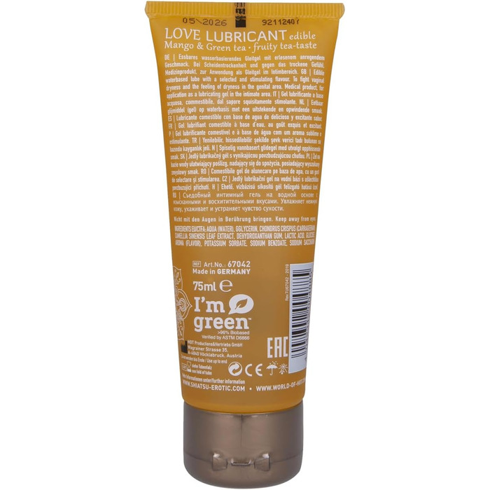 Їстівний лубрикант на водній основі SHIATSU з вишуканим смаком манго та зеленого чаю, побалуйте свої почуття, 75 мл