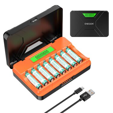 Швидкий зарядний пристрій ENEGON на 8 відсіків для батарейок AA/AAA з РК-дисплеєм 8 акумуляторних нікель-металгідридних батарейок AAA (1100 мАг), зарядна станція USB-C з відділенням для зберігання для пультів дистанційного керування, термометрів та електр