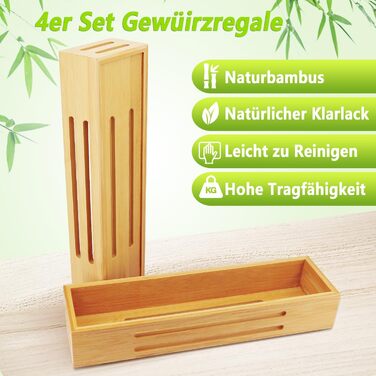 Бамбукова підставка для спецій, не потребує свердління, настінна підставка для спецій з 4 предметів, тримач для спецій можна використовувати на дверцятах шаф або холодильників, стояти або підвішувати, кріплення самоклеїться або з просвердлюванням