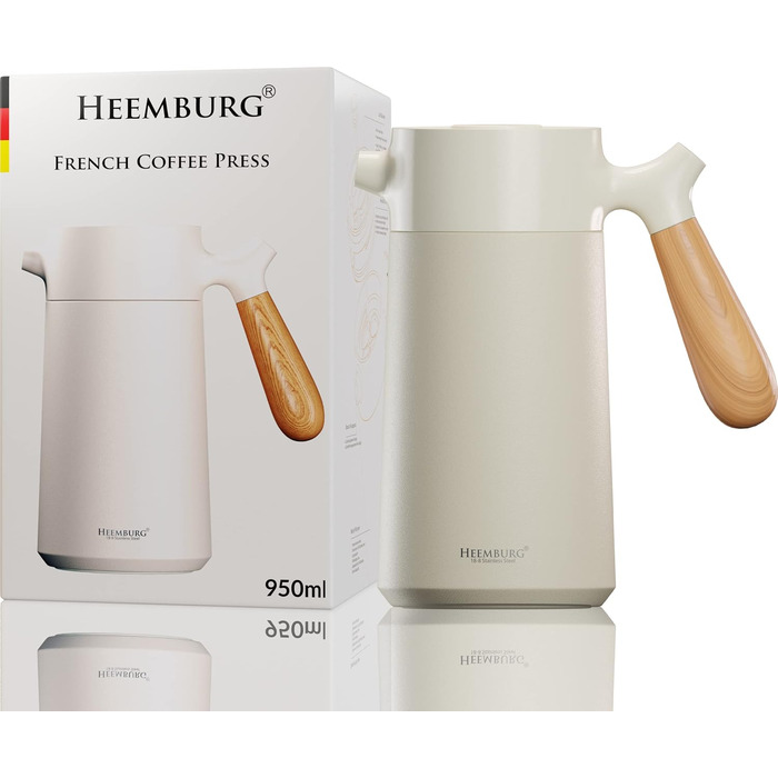 Французький прес з нержавіючої сталі HEEMBURG Термокавоварка з подвійними стінками з ізоляцією Французький прес для кави Прес для кави 1 л Thermo Brewer 5 чашок Кавоварка біла