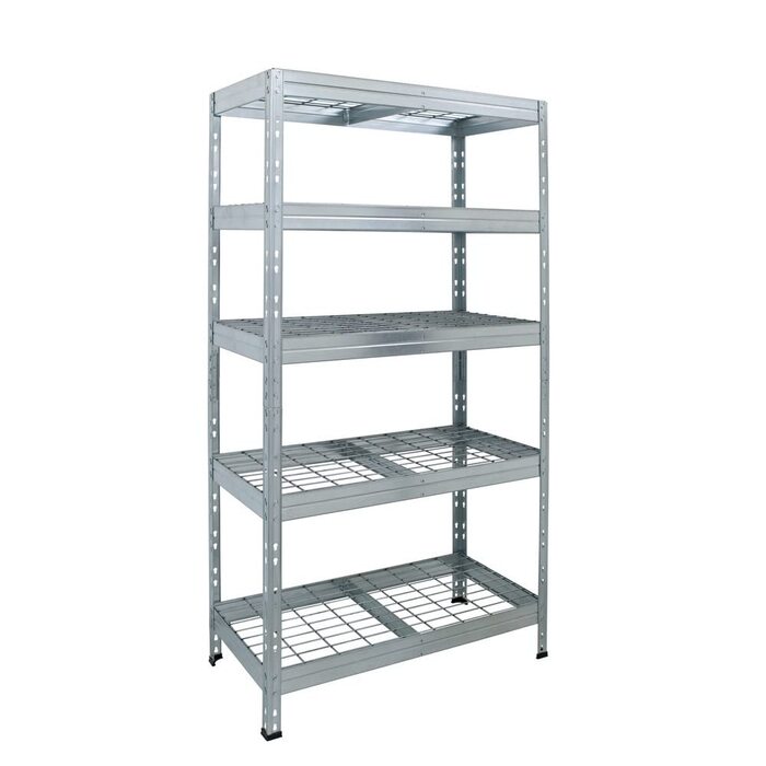 Вуличний стелаж із широким прольотом - вантажопідйомність 1500 кг - ВxШxГ 180 x 90 x 45 см - стелаж без болтів з 5 полицями з регульованою висотою - максимальне навантаження на полицю 400 кг - сертифікований TV - надміцний стелаж з оцинкованої сталі, тип 