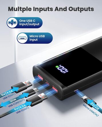 Зовнішній акумулятор Power Bank 23800mAh, 22,5 Вт Швидка зарядка Power Bank PD3.0 & QC4.0 Швидка зарядка USB C зі світлодіодним дисплеєм, 3 виходи 3 входи Сумісний з iPhone Samsung Xiaomi Huawei і т.д. Чорний