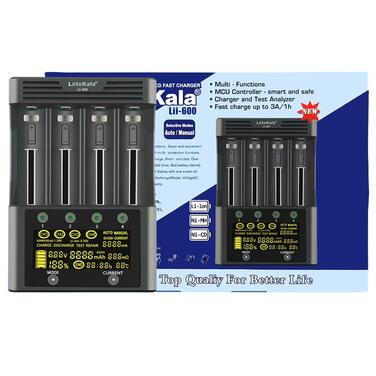 Зарядний пристрій для акумуляторів 18650 LiitoKala Lii-600 із сенсорним РК-дисплеєм, зарядний пристрій для акумуляторів типу АА з 4 відсіками, включаючи адаптер 12V5A для Li-Ion/Ni-MH/Ni-Cd 14500 21700 AA AAA тощо.