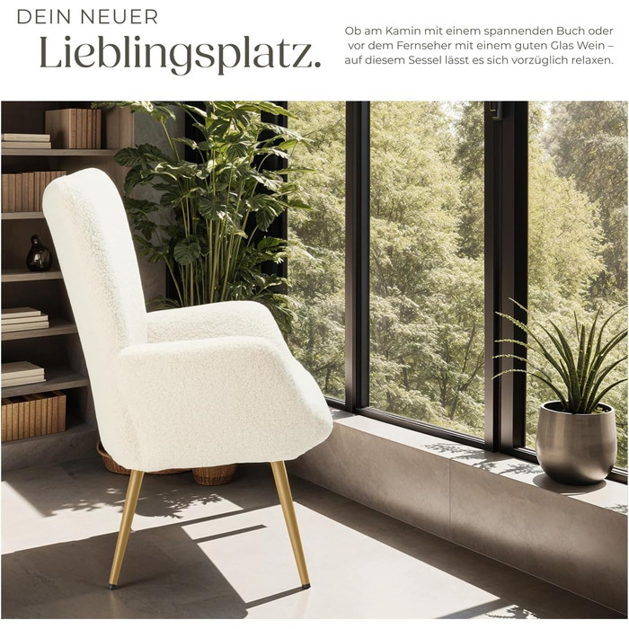 Крісло tectake у скандинавському стилі з крильцями, крісло Teddy Hygge, вельветове крісло для вітальні, спальні, їдальні, вишукане крісло-гостина, вантажопідйомність до 150 кг - букле кремовий/золотий без пуфа букле кремовий/золотий