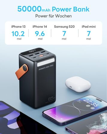 Зовнішній акумулятор Портативний ноутбук Power Bank зі світлодіодним дисплеєм Швидка зарядка, сумісний з iPhone, Samsung, ноутбуком MacBook, iPad тощо, Power Bank для подорожей, кемпінгу, на природі, 50000mAh USB C