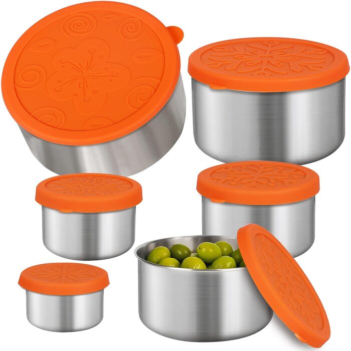 Набір контейнерів для зберігання продуктів з нержавіючої сталі з силіконовими кришками, ланч-бокс з нержавіючої сталі, штабелювана коробка для перекусів, ідеально підходить для зберігання продуктів вдома, на роботі та на свіжому повітрі, 6 різних розмірів