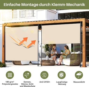 Вертикальний тент із затискачами для зовнішнього використання, 150 x 305 см Вертикальний тент з ручним приводом, свердління не потрібне Екран для балкону та вітрозахисний екран для саду та патіо, бежевий, 150 x 305 см