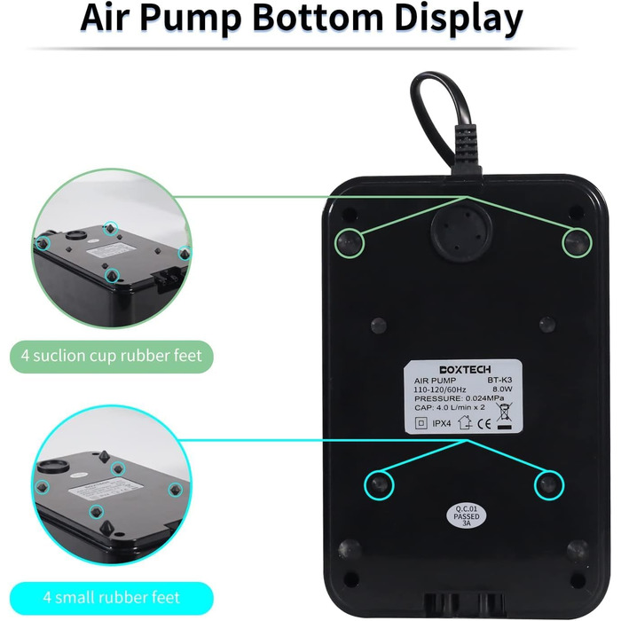 Повітряний насос для акваріума boxtech 8 Вт, тихий регульований кисневий насос з двома отворами. Регульований діафрагмовий насос, аераторні повітряні насоси для акваріумів 50-500 л