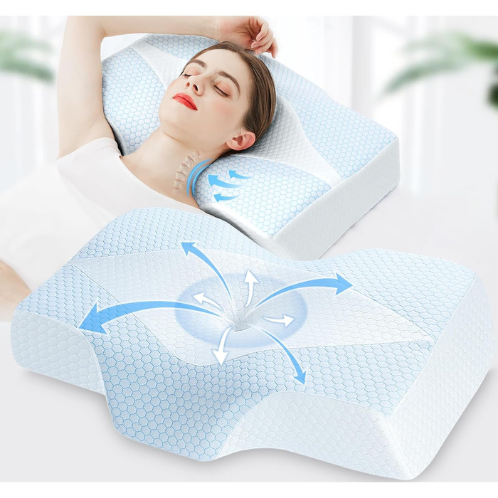 Ортопедична подушка з піни з ефектом пам&39яті, подушка для підтримки шиї від болю в шиї та плечах з охолодженням, чохол, що прається ергономічна подушка для сну та комфорту для сну на боці та спині, синьо-біла (63,5 см * 40,6 см * 10,7/13,2 см)