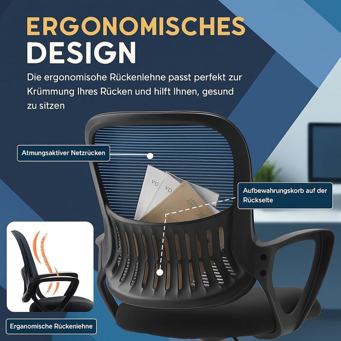 Ергономічне офісне крісло DUMOS з поперековою опорою, регульованими підлокітниками, обертове крісло, офісне крісло з регульованою висотою, підходить для офісу та спальні (чорне) Basic-black